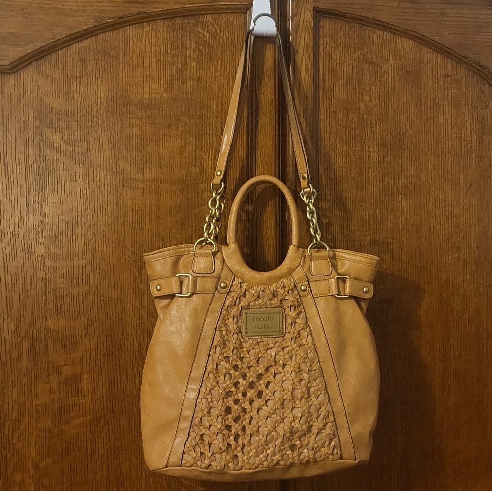 Nicole by Nicole Miller Tan Shoulder Hobo bag with Woven Design Gold Hardware